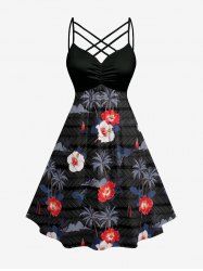 Plus Size Hibiscus Flowers Coconut Tree Print Ruched Lattice Crisscross Straps Hawaii Dress - Noir 3X