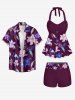 Flower Leaf Print Shirt Swimsuit Matching Hawaii Beach Outfit For Couples -  