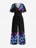 Flower Leaf Print Hawaii Wide Leg Jumpsuit - Noir S