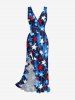 Patriotic American Flag Print Ruffles Split Dress -  