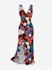 Tropical Leaf Flower Print Hawaii Ruffles Split Dress - Rouge Cerise XXL