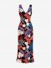 Tropical Leaf Flower Print Hawaii Ruffles Split Dress - Rouge Cerise XXL