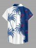 Women Patriotic American Flag Coconut Tree Colorblock Print Buttons Pocket Shirt - Bleu XS