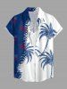 Women Patriotic American Flag Coconut Tree Colorblock Print Buttons Pocket Shirt - Bleu XS