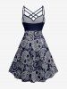 Plus Size Paisley Floral Skull Print Ruched Lattice Crisscross Straps Hawaii Dress - Bleu profond S
