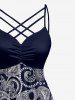 Plus Size Paisley Floral Skull Print Ruched Lattice Crisscross Straps Hawaii Dress - Bleu profond S