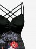 Plus Size Hibiscus Flowers Coconut Tree Print Ruched Lattice Crisscross Straps Hawaii Dress - Noir 3X