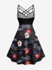 Plus Size Hibiscus Flowers Coconut Tree Print Ruched Lattice Crisscross Straps Hawaii Dress - Noir 3X