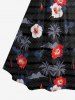 Plus Size Hibiscus Flowers Coconut Tree Print Ruched Lattice Crisscross Straps Hawaii Dress - Noir 3X
