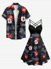 Plus Size Hibiscus Flowers Coconut Tree Print Ruched Lattice Crisscross Straps Hawaii Dress - Noir 3X