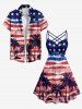 Plus Size Patriotic American Flag Coconut Tree Tie Dye Print Ruched Lattice Crisscross Straps Dress - Bleu S