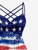 Plus Size Patriotic American Flag Coconut Tree Tie Dye Print Ruched Lattice Crisscross Straps Dress - Bleu S