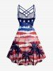 Plus Size Patriotic American Flag Coconut Tree Tie Dye Print Ruched Lattice Crisscross Straps Dress - Bleu S