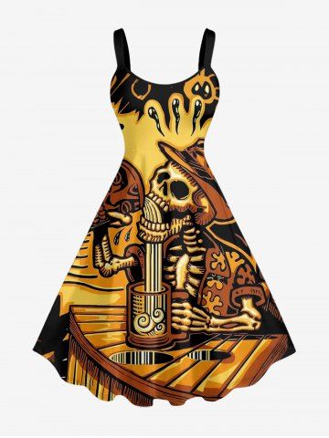 Plus Size Skull Skeleton Beer Ethnic Print Hawaii Tank Dress - YELLOW - XS
