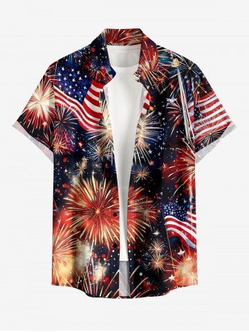 Plus Size Patriotic American Flag Fireworks Print Buttons Pocket Shirt For Men - RED - XL