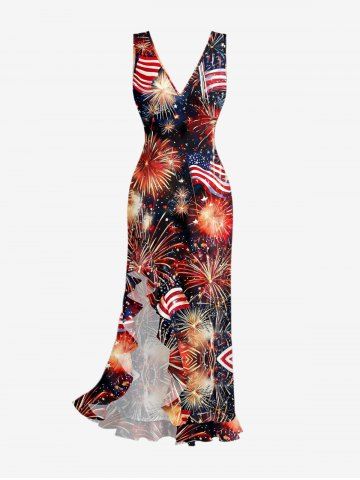 Patriotic American Flag Fireworks Print Ruffles Split Surplice Dress - RED - L