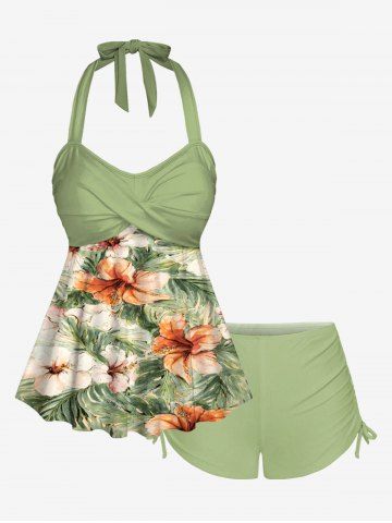 Plus Size Hibiscus Flowers Tropical Leaf Print Halter Cinched Boyleg Tankini Swimsuit - LIGHT GREEN - 3X