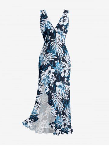 Flowers Leaf Print Hawaii Ruffles Split Surplice Dress - LAKE BLUE - L