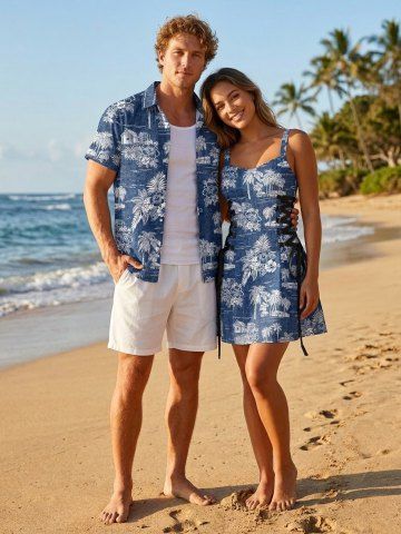 Coconut Tree Tropical Leaf Flower Seascape Lmitation Denim Print Matching Hawaii Beach Outfit For Couples