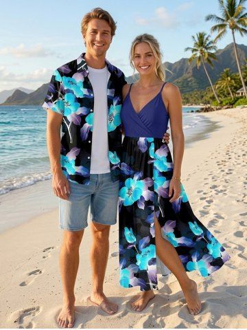 Flower Leaf Print Plus Size Matching Hawaii Beach Outfit For Couples