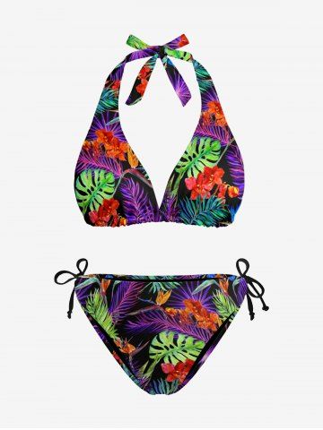 Tropical Leaf Flower Print Hawaii Plunging Halter Backless Bikini Set - PURPLE - M