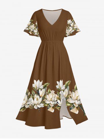 Plus Size Flower Leaf Print Hawaii Split Pocket A Line Midi Dress - BROWN - S