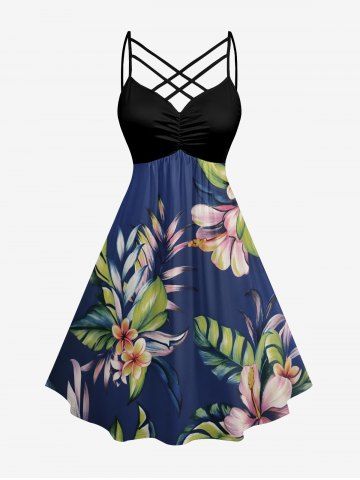 Plus Size Tropical Leaf Flower Print Hawaii Ruched Crisscross Strappy A Line Dress - DEEP BLUE - XS
