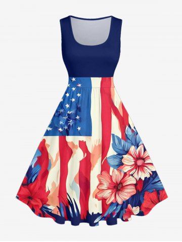 Plus Size Patriotic American Flag Flower Print Vintage Swing A Line Dress - BLUE - 4X