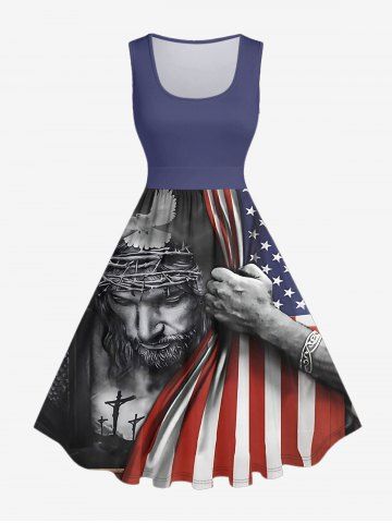 Plus Size Patriotic American Flag Pigeon Print Vintage Swing A Line Dress - BLUE - 4X