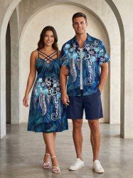 Hibiscus Flowers Leaf Print Plus Size Matching Hawaii Beach Outfit For Couples -  