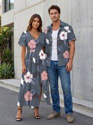 Hibiscus Flowers Tropical Leaf Print Plus Size Matching Hawaii Beach Outfit For Couples -  