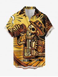 Plus Size Skull Skeleton Beer Ethnic Print Buttons Pocket Hawaii Shirt For Men - Jaune 4XL