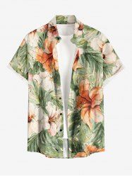 Plus Size Hibiscus Flowers Tropical Leaf Print Buttons Pocket Hawaii Shirt For Men -  