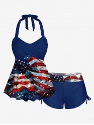 Patriotic American Flag Graffiti Print Halter Cinched Boyleg Tankini Swimsuit -  