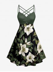Plus Size Flowers Leaf Print Ruched Lattice Crisscross Straps Hawaii Dress -  