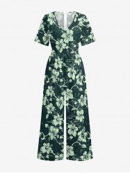 Hibiscus Flowers Leaf Print V Neck Hawaii Wide Leg Jumpsuit -  