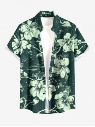 Plus Size Hibiscus Flowers Leaf Print Buttons Pocket Hawaii Shirt For Men -  