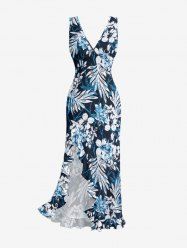 Flowers Leaf Print Hawaii Ruffles Split Surplice Dress - Pers XS