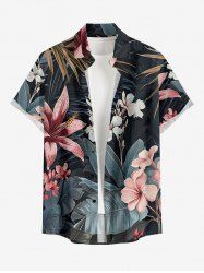 Plus Size Hibiscus Flowers Leaf Print Buttons Pocket Hawaii Shirt For Men -  