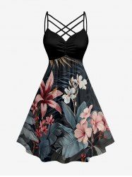 Hibiscus Flowers Leaf Print Ruched Lattice Crisscross Straps Hawaii Dress -  