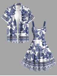 Blue And White Porcelain Pineapple Hibiscus Flower Leaf Print Plus Size Matching Hawaii Beach Outfit For Couples -  