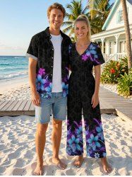 Flower Leaf Print Matching Hawaii Beach Outfit For Couples -  