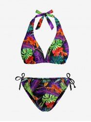 Tropical Leaf Flower Print Hawaii Plunging Halter Backless Bikini Set - Pourpre  XS