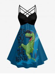 Dinosaur Letters Sea Waves Print Hawaii Ruched Crisscross Strappy A Line Dress - Paon Bleu L