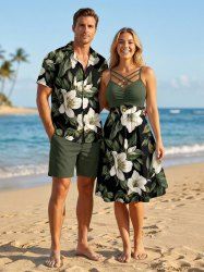 Flowers Leaf Print Plus Size Matching Hawaii Beach Outfit For Couples -  