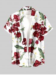 Plus Size Tropical Leaf Flower Print Hawaii Button Pocket Shirt For Men -  