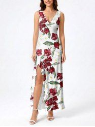 Tropical Leaf Flower Print Hawaii Ruffles Split Dress - Rouge foncé S
