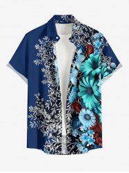Plus Size Flower Branch Print Hawaii Button Pocket Shirt For Men - Bleu Marine 4XL