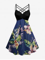Tropical Leaf Flower Print Hawaii Ruched Crisscross Strappy A Line Dress - Bleu profond L