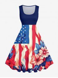 Patriotic American Flag Flower Print Vintage Swing A Line Dress - Bleu M